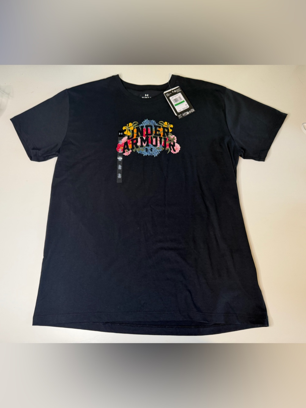 Under Armour Girls Floral WM OS T-Shirt Black Short Sleeve Graphic Tee YL NEW